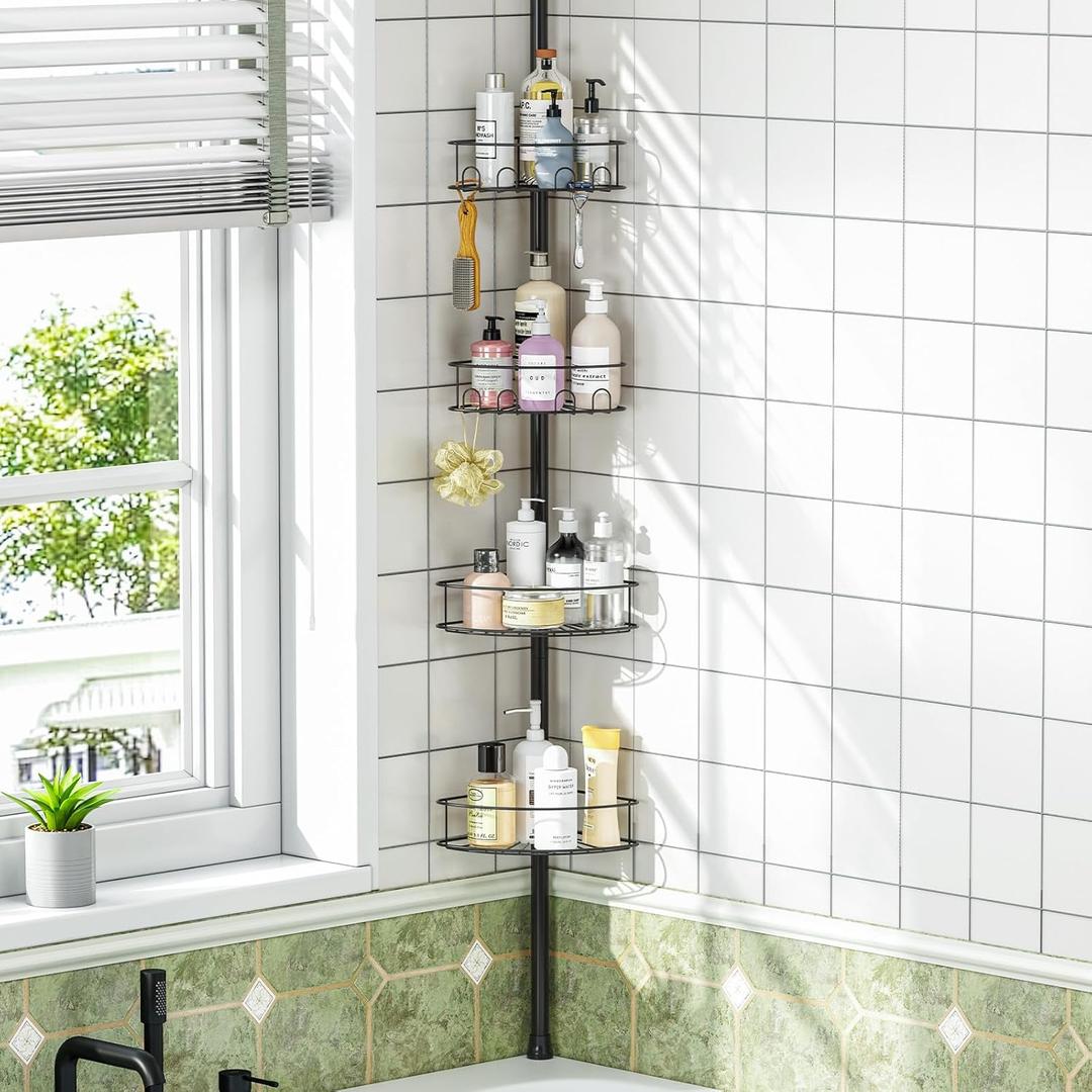 Corner Shower Caddy Tension Pole4 Tier Adjustable Bathroom Organizer ShelvesInside Shower Storage With Hidden Hook & Towel Holder,63.7-119 Inch No-Drill Quick Installation Shower Rack, Black