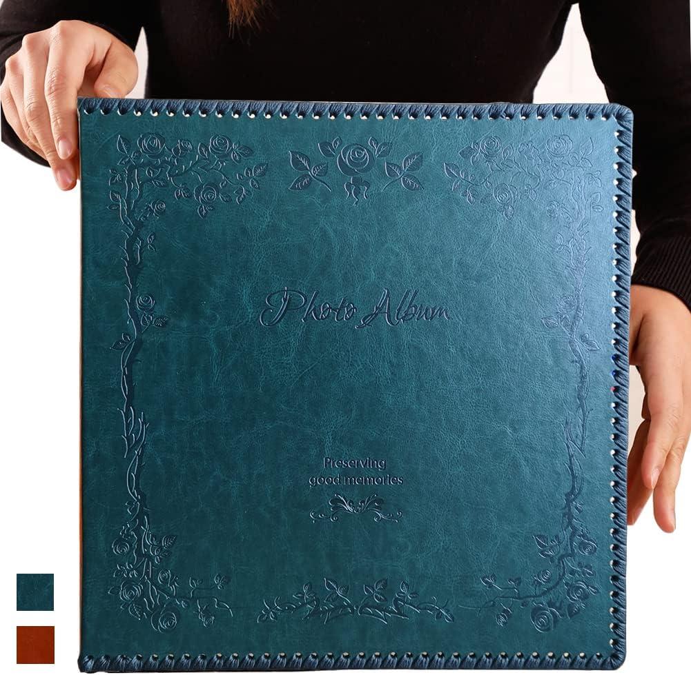 Photo Album Self Adhesive Pages, 80 Pages Huge Magnetic Self-Stick Picture Album with Leather Vintage Inspired Cover, DIY Albums Holds 3X5, 4X6, 5X7, 6X8, 8X10, 10X12 Photos (Darkgreen)