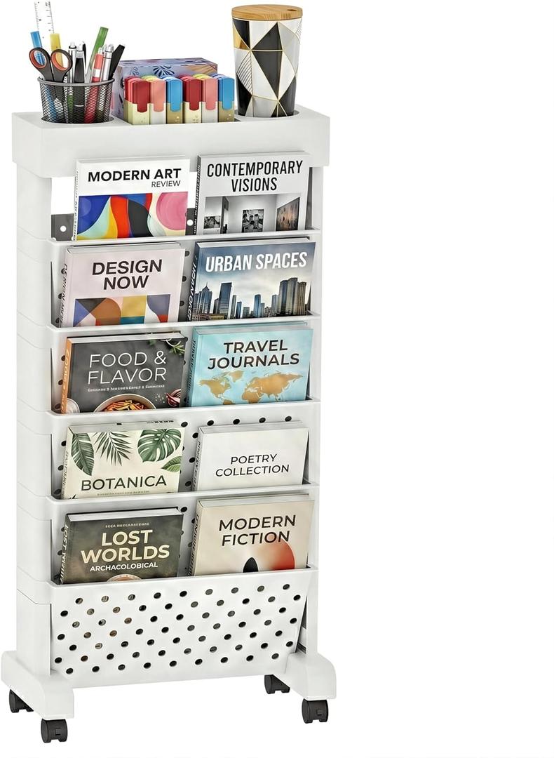 6-Tier Mobile Bookshelf, Rolling Bookcase Book Storage Rack, Movable File Folder Organizer Cart with Wheels for Home Study Office Living Room Classroom, White