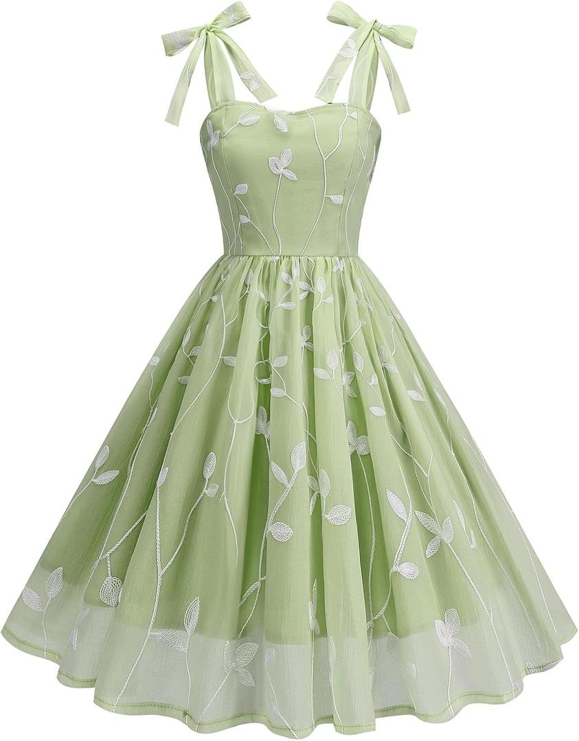 IDOPIP Women Vintage Bowknot Swing Dress Elegant Leaf Embroidery Mesh Dress 1950s Retro Cocktail Prom Gown Formal Midi Dress (X-Large, Green)
