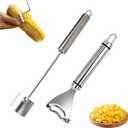 2 Pack Corn Peeler on the Cob, 2 Styles Stainless Steel Corn Stripper with Long Handle, Easy to Clean, Metal Popcorn Cutter Tool for Home Kitchen Meal Prep BBQ and Outdoor Use