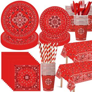 Funnymoom 452 Pcs Red Bandana Western Party Decorations for 50 Guests, Red Bandana Paper Plates Cups Napkins Tablecloth Cutlery Straws for Cowboy Cowgirl Farm Baby Shower Birthday Party Supplies