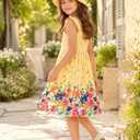 Girls Floral Sundress Summer Beach Dress with Matching Sun Hat Yellow 11-12 Years