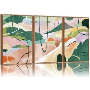 Tinonedraw Colorful Abstract Framed Canvas Wall Art Set of 3, Green and Pink Oils Inks Artwork, Neutral Modern Minimalist Wall Decor for Living Room, Bedroom, Office 16"x24"