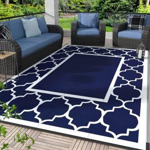 GENIMO 5' x 8' Outdoor Rug Waterproof for Patio Fall Decor, Foldable Reversible Plastic Straw Area Rugs Mat for Camper, Outside Carpet for Rv, Deck, Porch, Picnic, Beach, Balcony, Blue & White