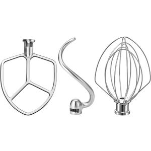 Stainless Steel Stand Mixer Attachments 3-Piece for KitchenAid 5.5-6 Qt Tilt Head Stand Mixer. Includes 6 Wire Whisk, Flat Beater, Dough Hook for KitchenAid 6 Qt Mixer Bowl