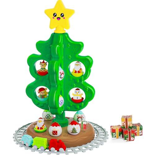 Baby Christmas Tree Toy with Topper Star: Montessori Christmas Tree Set with DIY Train Set&Tracks, Finger Puppets Snowman/Reindeer/Santa Tumblers for Toddlers Must Have Xmas Birthday Gift Indoor Decor