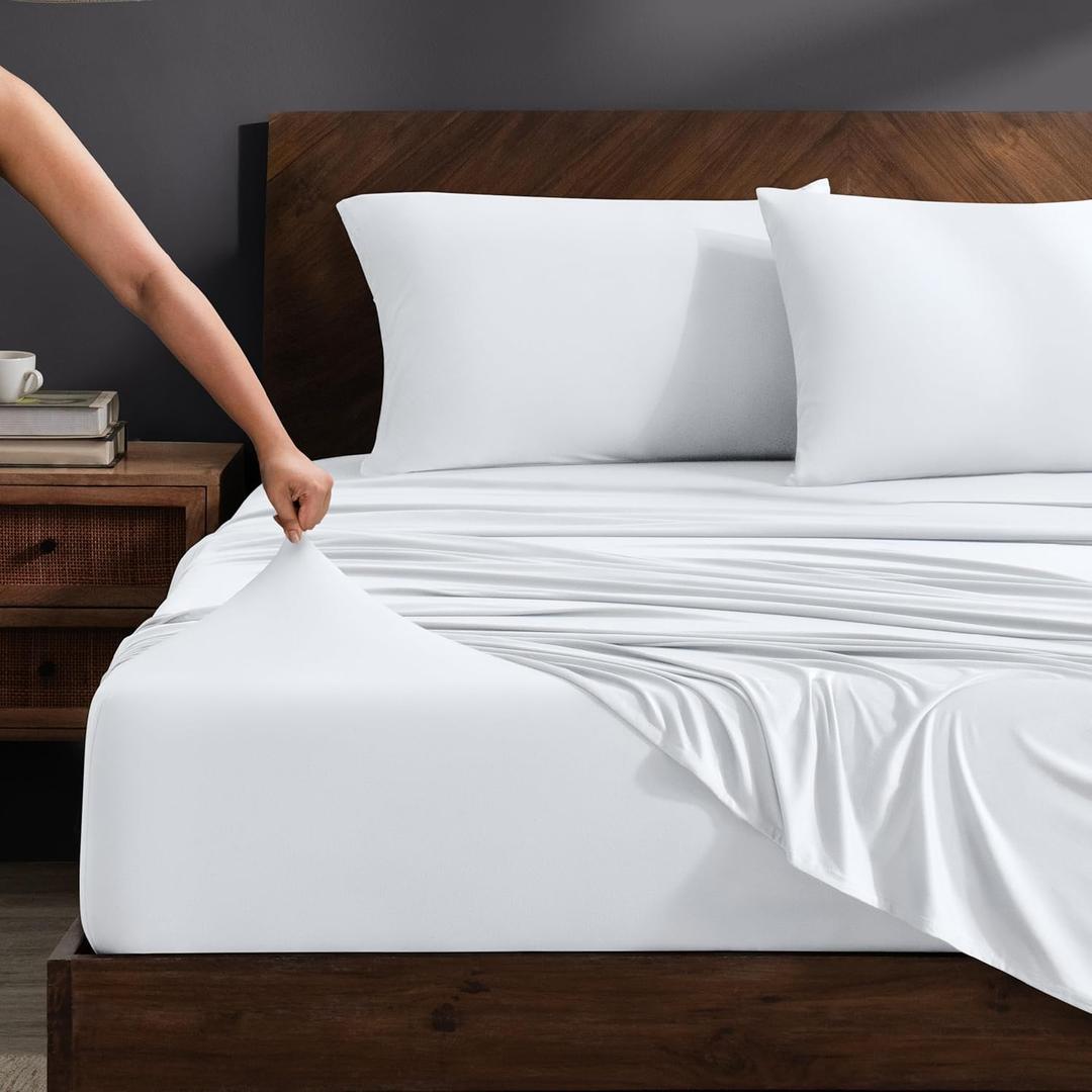 Bare Home Cooling Performance Jersey Knit Stretch Sheet Set, Moisture-Wicking & Breathable, 4-Way Stretch Bed Sheets, Envelope Pillowcases (King, White)