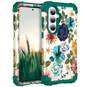 Hocase for Galaxy S26 Case, Shockproof Heavy Duty Protection Soft Silicone Rubber Bumper+Hard Plastic Hybrid Protective Case for Samsung Galaxy S26 5G (6.3") 2026 - Teal Flowers