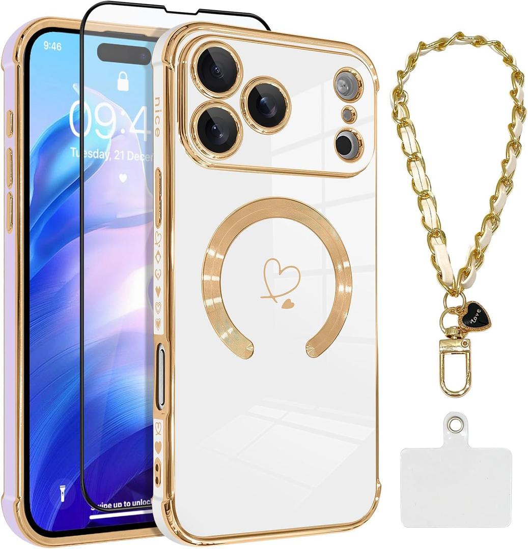 OOK Magnetic Phone Case iPhone 17 Pro Max 6.9 Inch [Compatible with MagSafe] Soft TPU Heart Phone Cover with Screen Protector Shockproof Protection Slim Case with Strap Lanyard for Women - White