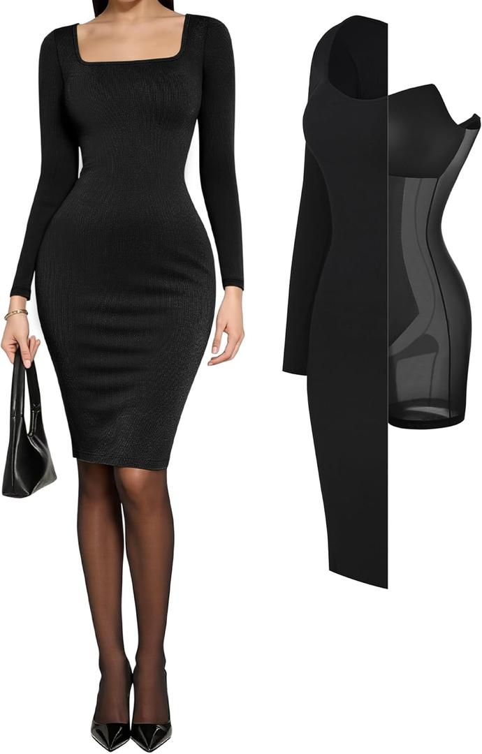 Popilush Cocktail Dress Long Sleeve Square Neck Midi Dress Shapewear Tummy Control Bodycon Dress Party Evening Built in Bra, M