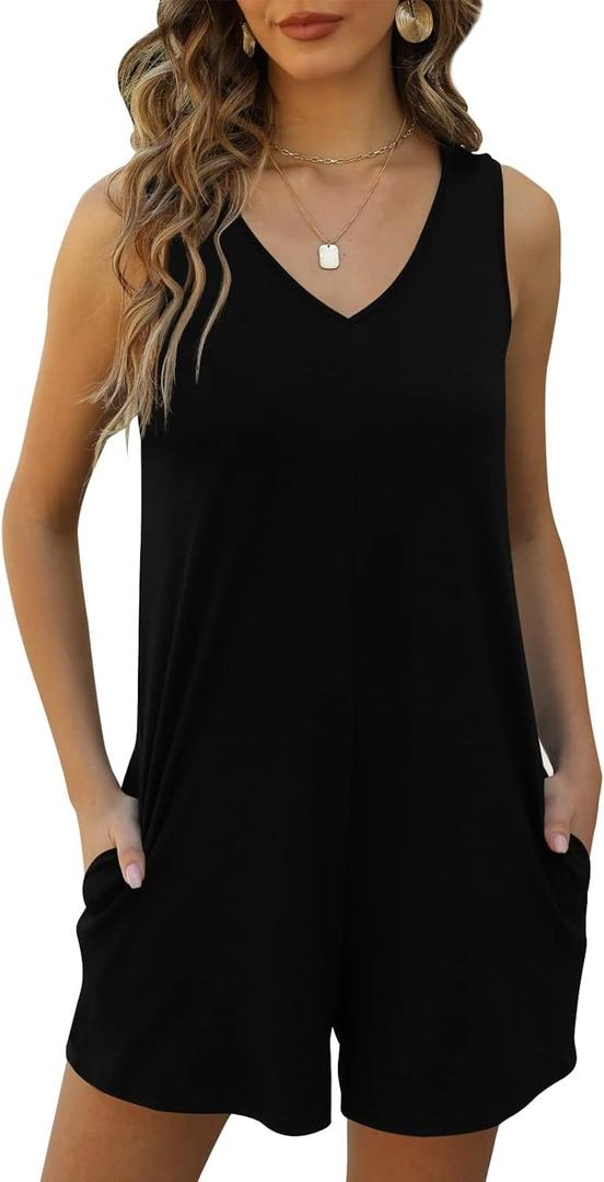 Women's Summer V Neck Tank Top Romper Sleeveless Loose Casual Shorts Jumpsuit Overalls with Pockets Outfits Clothes (L, Black)