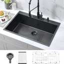 33-Inch Black Stainless Steel Drop-In Kitchen Sink - 33x22 Topmount Single Bowl With Dish Grid & Roll Up Rack - 16 Gauge Deep Matte Black