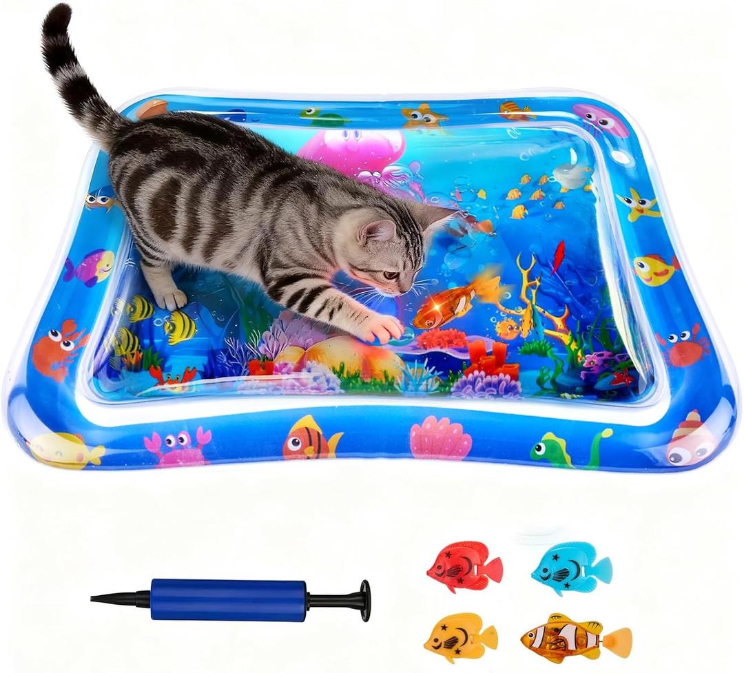 Cat Water Mat - Upgraded 1.5mm Thickened Cat Cooling Water Bed, Interactive Cat Toys Sensory Play Mat with Glowing Swimming Fish, Anti-Scratch Leak-Proof for Indoor/Outdoor Cats, Kittens & Small Dogs