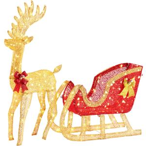 Sweetcrispy Lighted Christmas Reindeer & Santa Sleigh Set, Xmas Pre-Lit Yard Decoration w/ 180 LED Lights, 4 FT Holiday Deer & Sled for Garden Lawn Patio Display, Gold Reindeer-Red Santa Sleigh