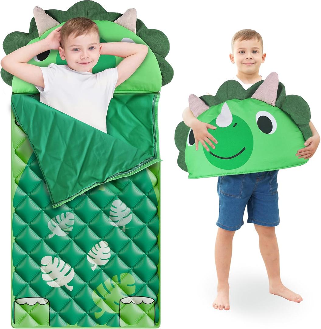 iPlay, iLearn Kid Sleeping Bag, Dinosaur Slumber Sack, Toddler Boy Nap Mat, 2 in 1 Green Dinos Cushion Blanket, Happy Travel Sleepover Daycare Preschool Birthday Gift for 3 4 5 6 Years Old Child, Medium