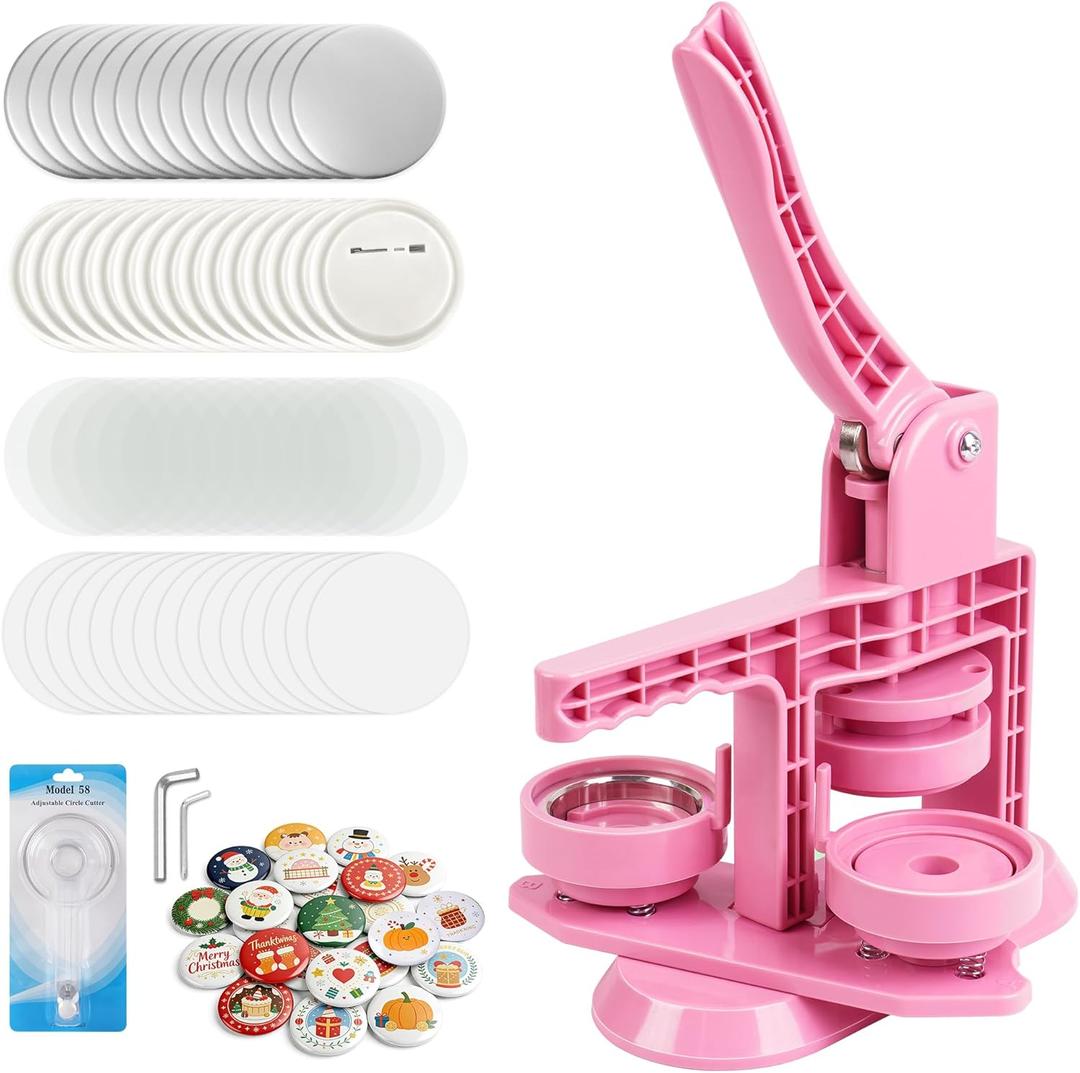 2026 Button Maker Machine 2.25 Inch (58mm), No Installation Required Pin Maker Kit for Button Making, DIY Pink Badge Maker Button Press with 30 Badge Supplies & Circle Cutter