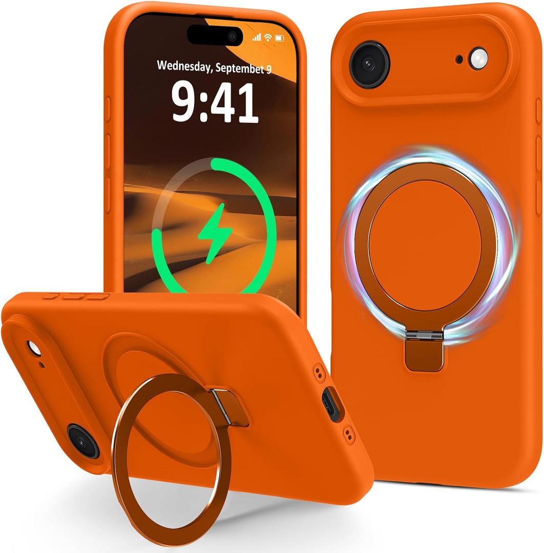 Compatible with iPhone Air Case with Stand, Full Camera Protection Slim Liquid Silicone Phone Case for iPhone 17 Air Compatible with MagSafe Magnetic Ring Kickstand Case 6.5", Cosmic Orange