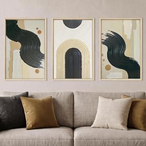 Abstract Neutral Black Beige Brushstroke Framed Canvas Wall Art- 16"x24"x3 | HOURIA Boho Minimalist Flat Printed Wall Decor,Modern Geometric Wave Arch Lines Artwork for Living Room,Bedroom