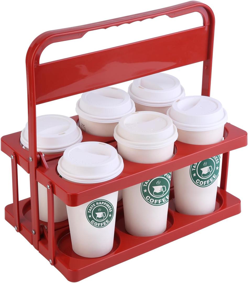 musbus Reusable Drink Carrier with Handle for Food Delivery Drivers, Portable Cup/Coffee Holder Accessories for Delivery, Foldable Drinks Caddy with Tray, Car Durable Plastic Festive Bottle, Vacation, Red 6 Cup