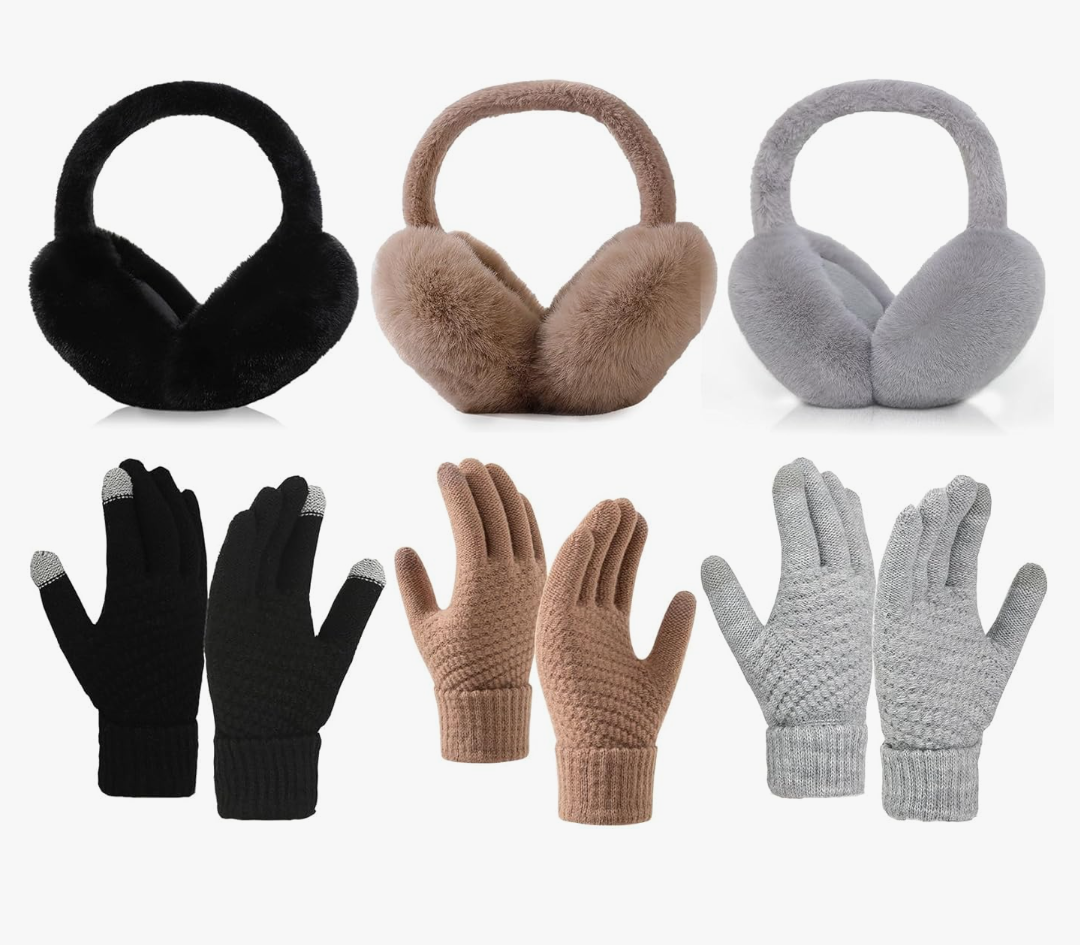 Winter Ear Muffs Gloves Set, 2 Pcs Adjustable Faux Fur Earmuffs and 3Pcs Elastic Cuff Knit Gloves for Adult, Gray And Brown