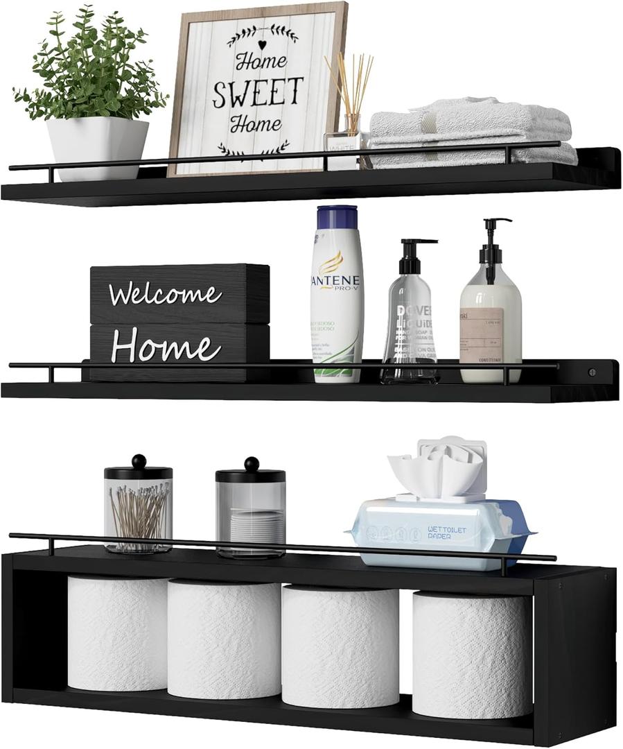 WOPITUES Floating Shelves for Wall 24 inch with Cube Shelf, Wall Shelves with Metal Rail for Decor, Bathroom Organizers and Storage, Over Toilet Shelves for Bathroom, Toilet Paper-Black (23.6 inch)
