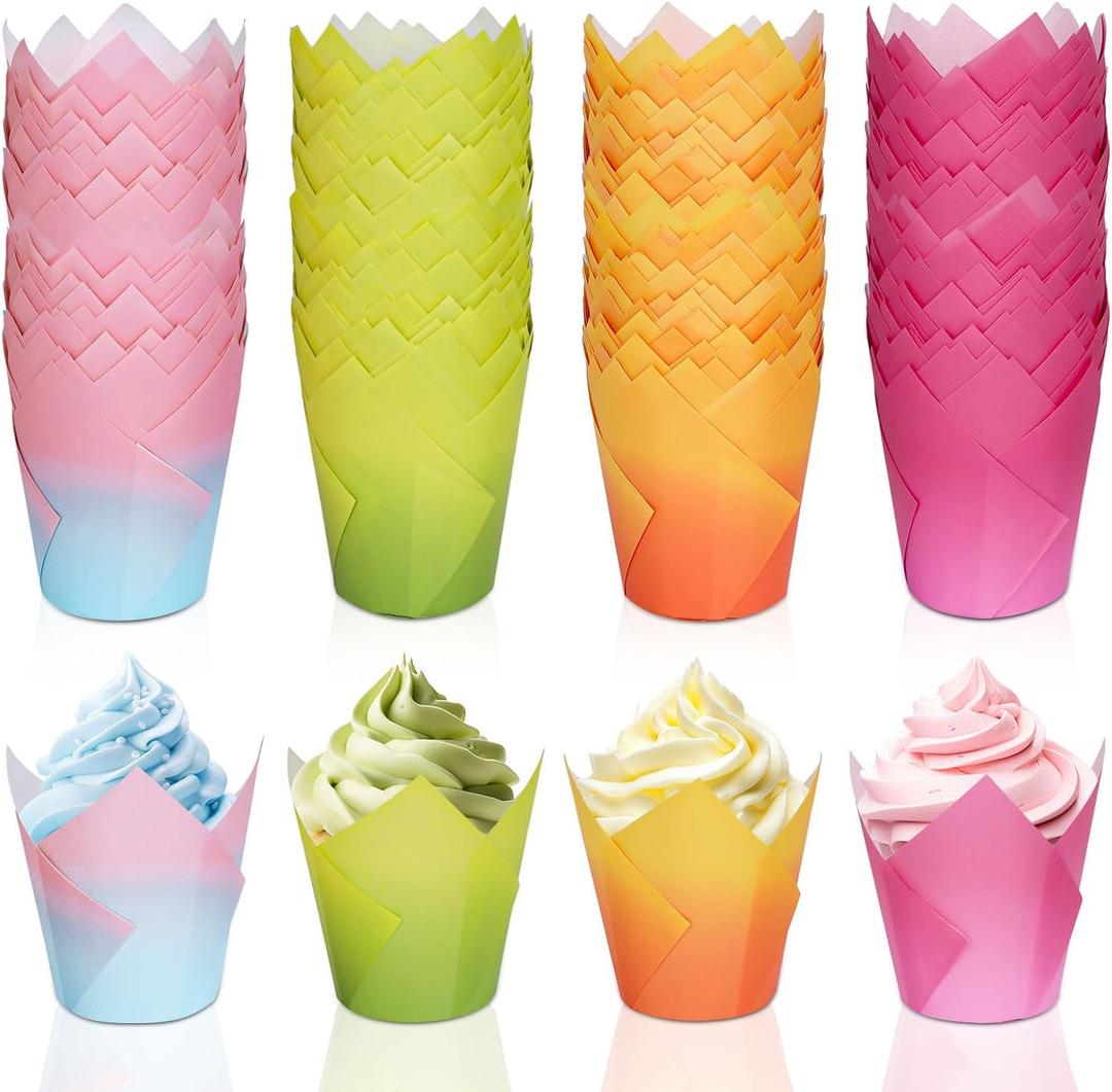 Whaline 200Pcs Bicolor Gradient Tulip Cupcake Liners Greaseproof Muffin Baking Liners Spring Easter Tulip Cupcake Wrappers Baking Cups for Bridal Shower Wedding Birthday Party Decor