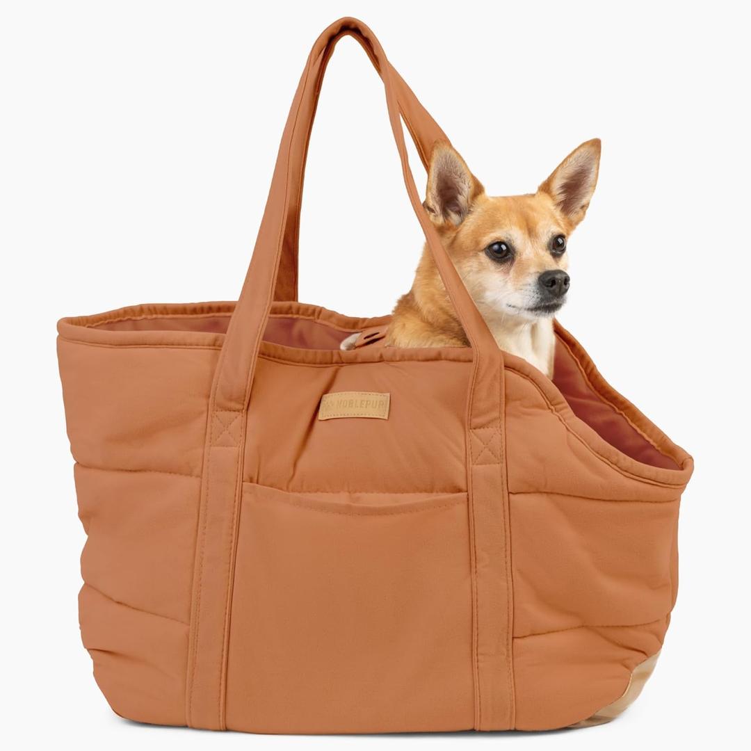 Plush Dog Purse Carrier for Small Dogs, Soft Dog Tote Bag with Safety Harness Clip, Cozy Pet Carrier for Dogs Under 15 lbs, Comfortable Dog Shoulder Carrier for Travel, Brown