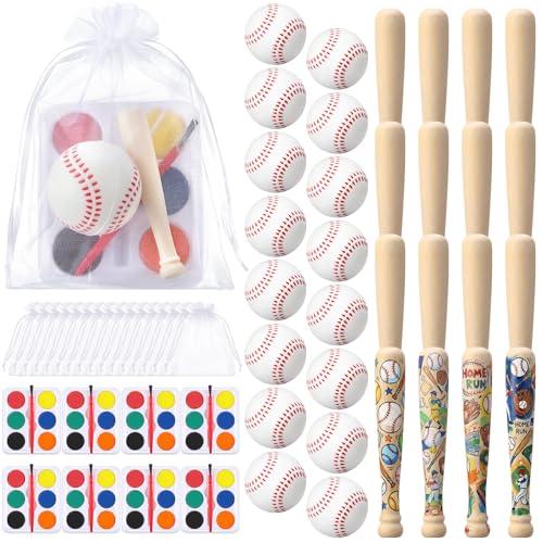 Soulchen 16 Sets Baseball Mini Bats Foam Balls Kit 3" Unfinished Wood Ball Bats 1.6" Foam Baseballs with Bags Watercolor Pigment Small Sports Party Favors for DIY Craft Dollhouse Accessories Decor