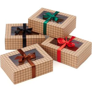 Brown Kraft Cookie Boxes with Ribbons & Window (20 Pack) 8.3 x 6 x 2.8 Food Grade Cardboard Bakery Gift Boxes for Christmas Gift Giving, Baked Goods, Candy Treats, Decorative Holiday Packaging, Empty