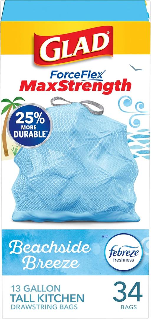 Glad Tall Kitchen Trash Bags 13 Gallon, MaxStrength Beachside Breeze Garbage Bags, Odorshield with Drawstring, 34 Count