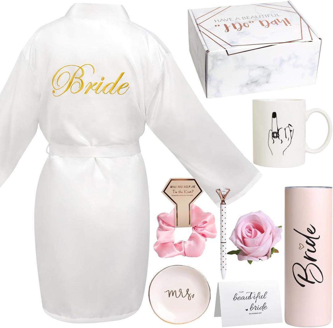 Frerdui 8Pcs Bridal Shower Gift, Bride to Be Gifts, Bridal Shower Gifts for Bride to Be, Gift Box Sets Bridal Silk Robes Tumbler Cup Mug Jewelry Tray, Wedding Engagement Gift for her(M)