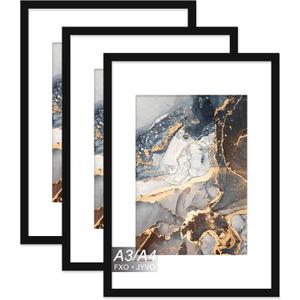 A3/A4 Picture Frames, 3 Pack/Black/A3, Modern Style, Lightweight, Wall Mount, Vertical Orientation, Plastic Frame & Cover, Marble Pattern