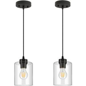 BoostArea Modern Pendant Light Fixtures, Industrial Hanging Ceiling Lamp with Clear Glass Shade, Farmhouse Black Pendant Lighting for Kitchen Island Decor Living Room Hallway Bedroom Dining2 Pack