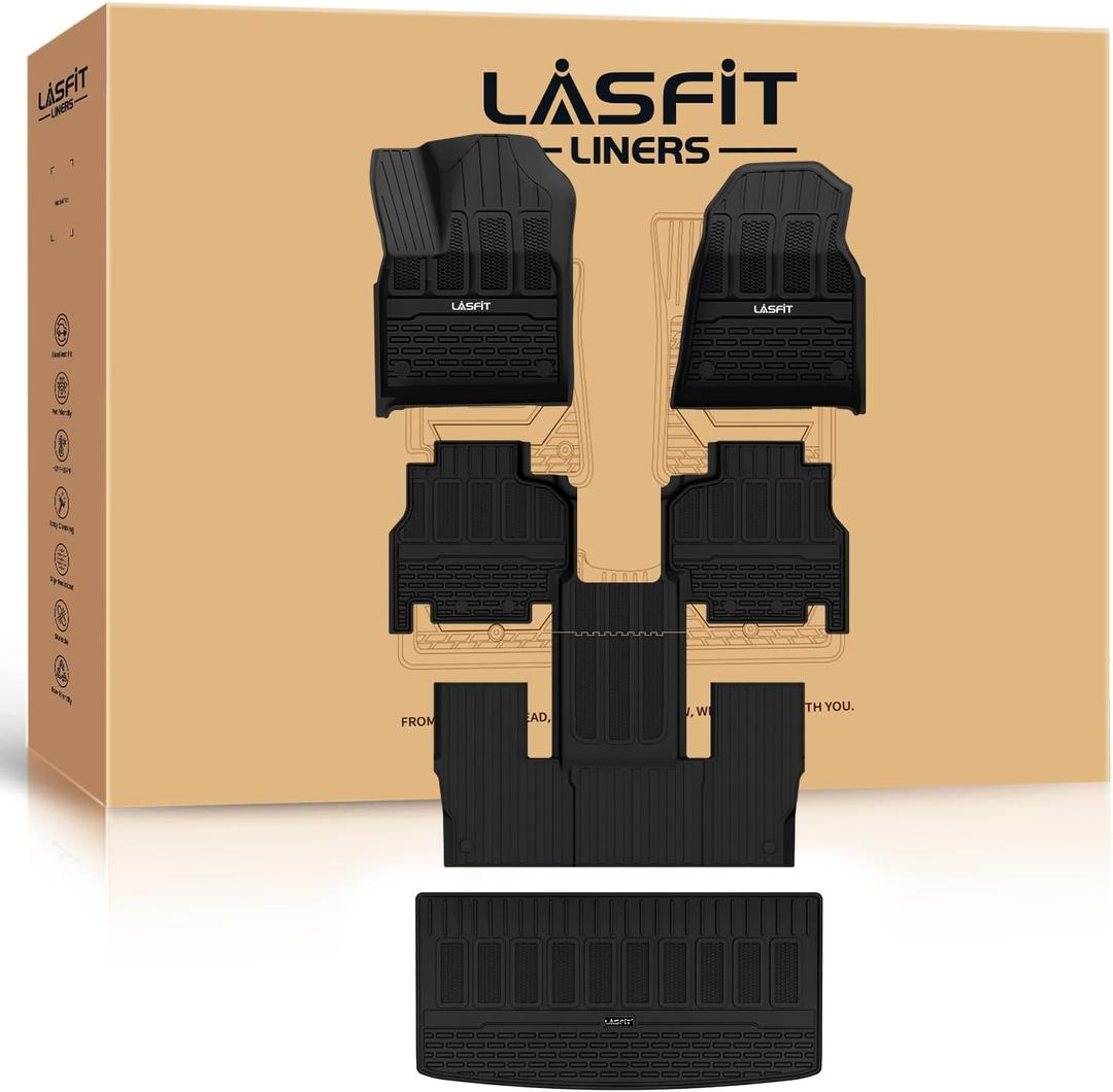 LASFIT Floor Mats & Trunk Mat for Jeep Wagoneer 2022-2025 7-Seat (NOT for 8-Seat/L/S) All Weather Custom Fit Car Floor Liners Black