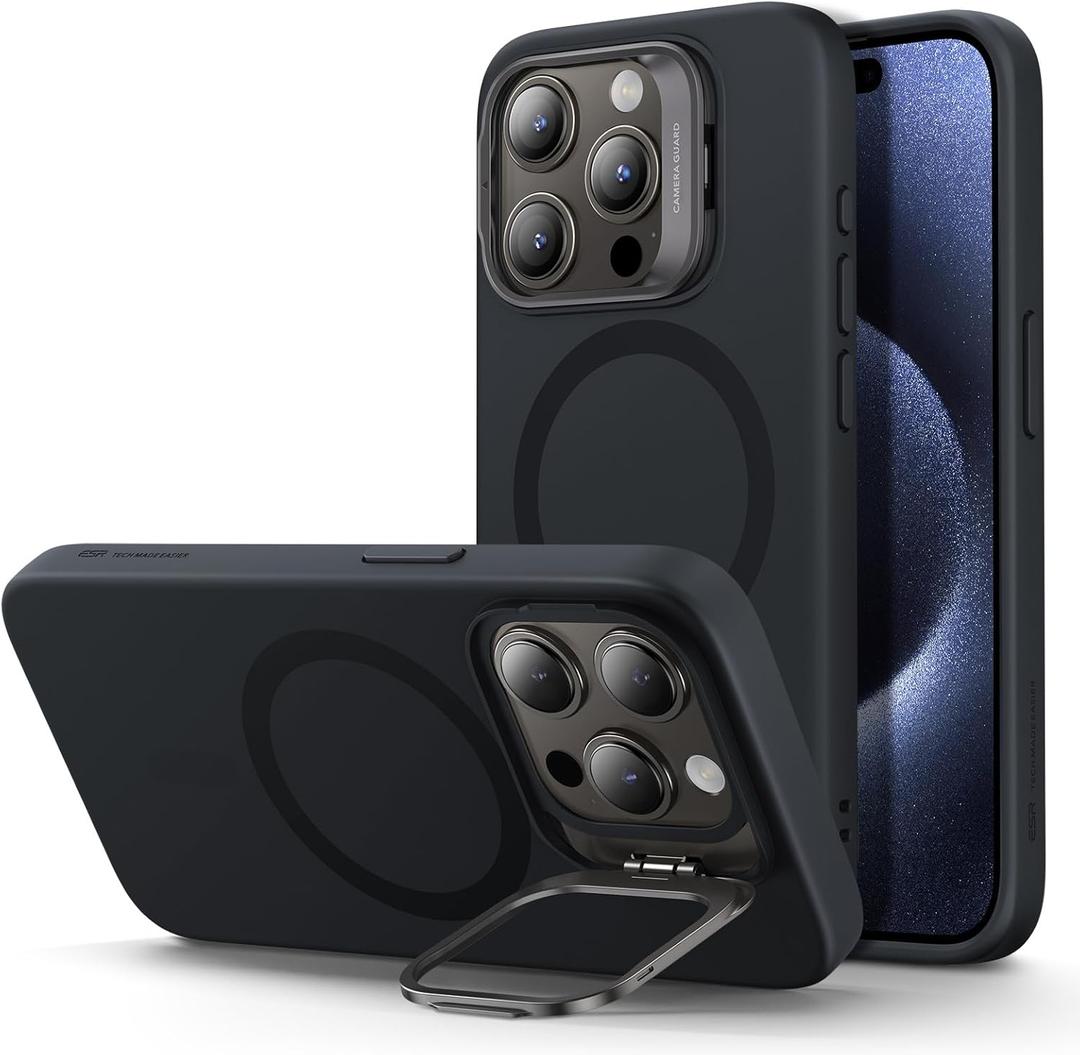 ESR for iPhone 15 Pro Case, MagSafe Silicone Case with Stand, Military-Grade Protection, Built-in Camera Stash Stand, Magnetic Phone Case for iPhone 15 Pro, Cloud Series,Black