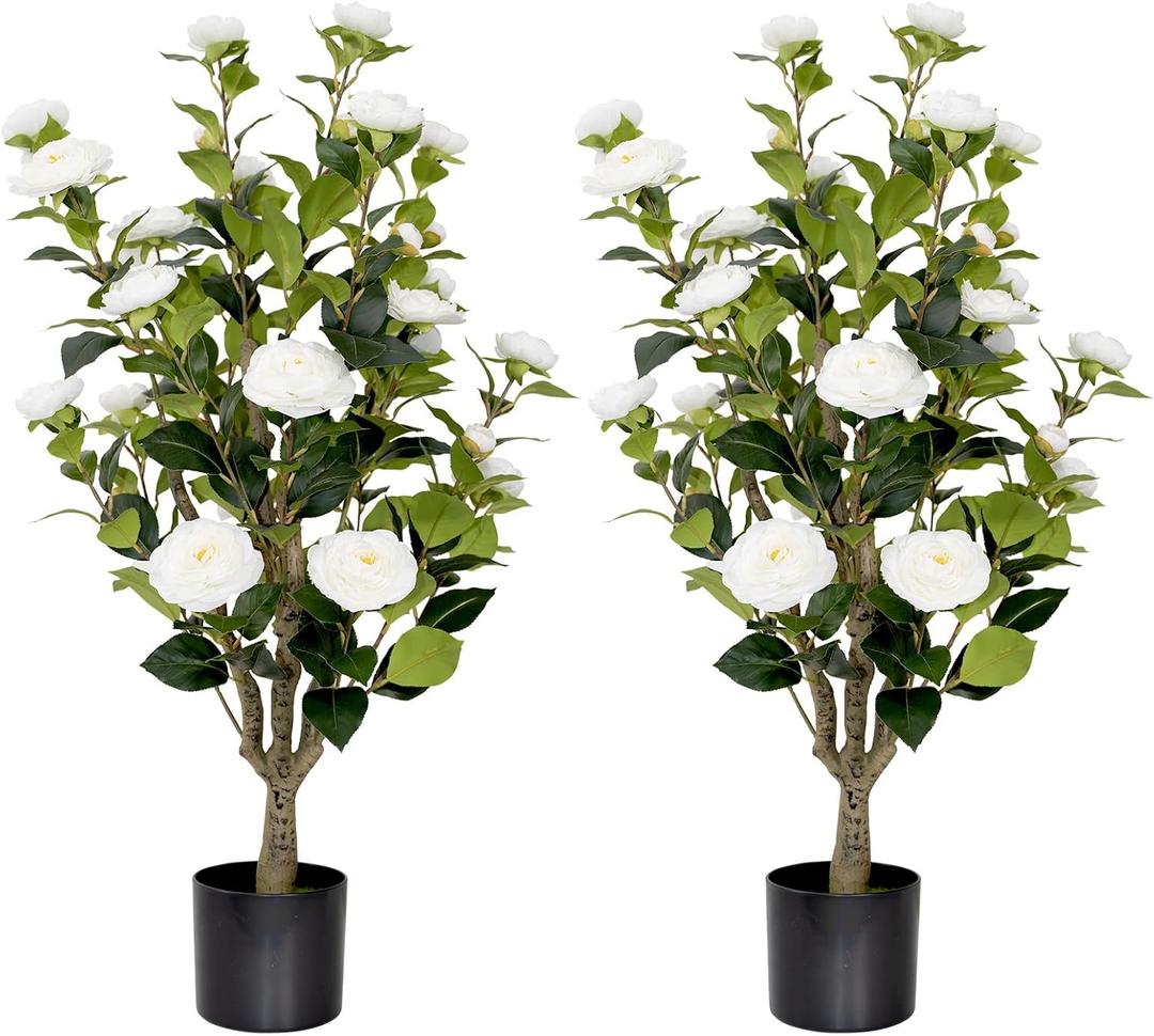 2 Pack 3FT Artificial Camellia Tree Fake Outdoor Tree with 28Blooming Flowers White Tree for Home Front Door Winter Christmas Indoor Decor