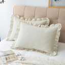 Pillow Shams Set of 2 Washed 100% Cotton Retro Ruffle Flounces Trim Solid Beige Decorative Pillow Cases for Home Bedroom Decor 20x36 Inch
