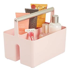 mDesign Under Sink Storage – Plastic and Metal Bathroom Caddy for Shampoo and Soaps – Portable Cosmetics Storage Organiser – Blush/Satin