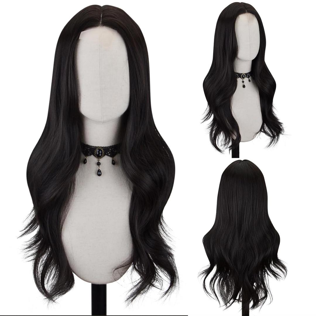 FREE BEAUTY Long Black Wavy Wig for Women 26 Inch Middle Part Curly Wavy Wig Natural Looking Synthetic Heat Resistant Fiber Wig for Daily Party Use