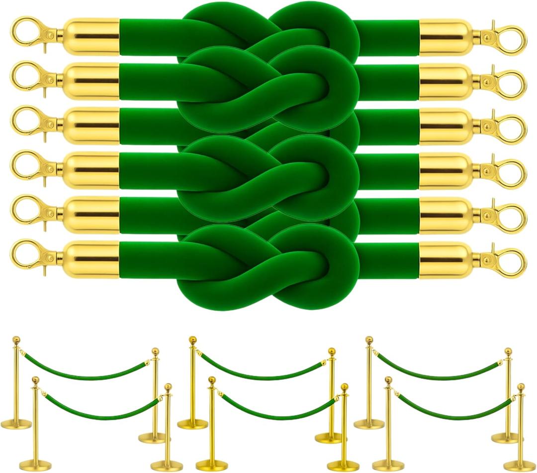 6 Pack Green Velvet Rope 5 Foot with Gold Hooks  Premium Stanchion Rope for Events and Crowd Control  Durable VIP Barrier for Queue Management and Decorative Use