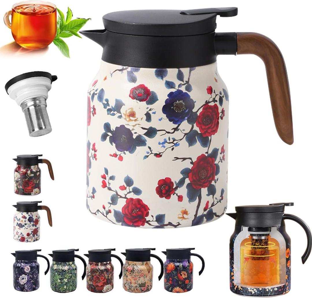 Insulated Tea Pots,Vintage Floral Pattern Tea Pot-Built-in Infuser,Colorful Vintage Floral Pattern Teas,Stainless Steel Teapot 1000mL with Lid for Hot Drinks,White (Wooden Handle,35OZ)