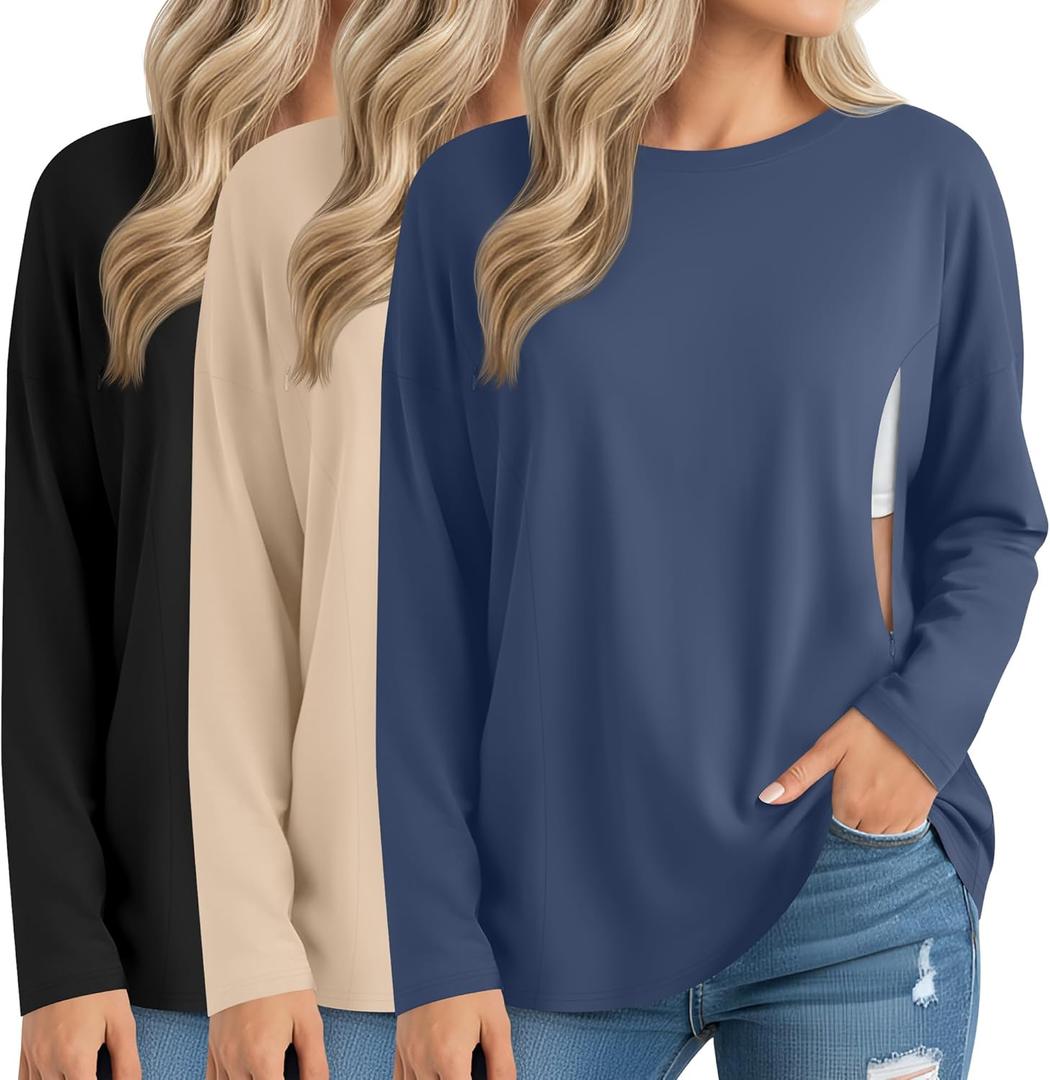 3 Pack Women's Nursing Breastfeeding Tops Long Sleeve Maternity Shirts Oversize Hidden Zipper Pregnancy Clothes (Medium, Haze Blue, Light Apricot, Black)