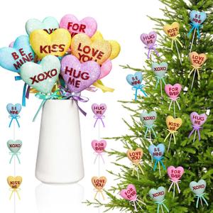 Bucherry 12 Pcs Conversation Hearts Decorations Valentine's Glitter Candy Heart Picks with Ribbon Heart Tree Pick for Home Romantic Farmhouse Decor Wedding Anniversary Birthday Party Supplies