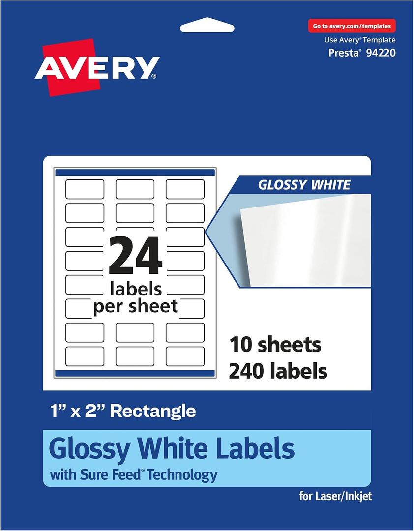 Avery Glossy White Rectangle Labels, Sure Feed Technology, 1" x 2", 240 Glossy White Labels, Print-to-The-Edge, Permanent Adhesive, Laser/Inkjet Printable