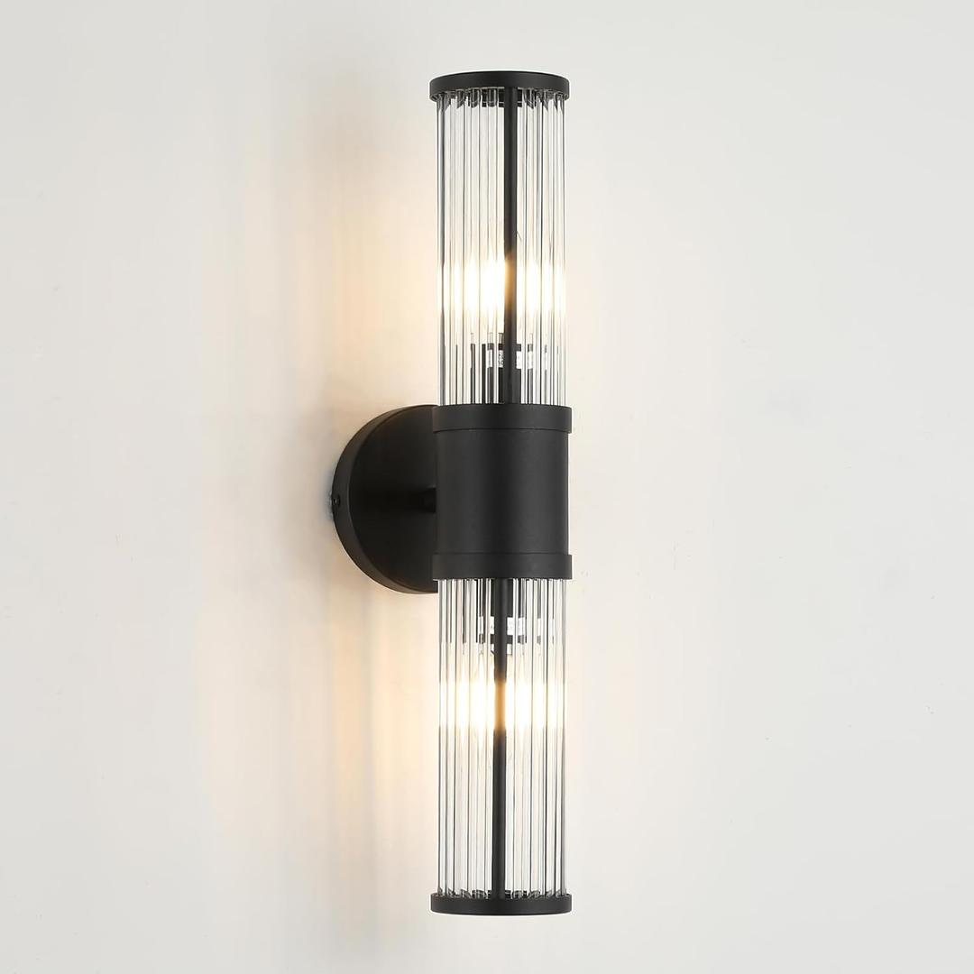 Bathroom Light Fixtures 2-Light Matte Black Bathroom Vanity Light Modern Wall Lights for Bedroom Bath Mirror Lights with Glass Rods Shades for Mirror Bedroom Hallway (Black-19.69IN)