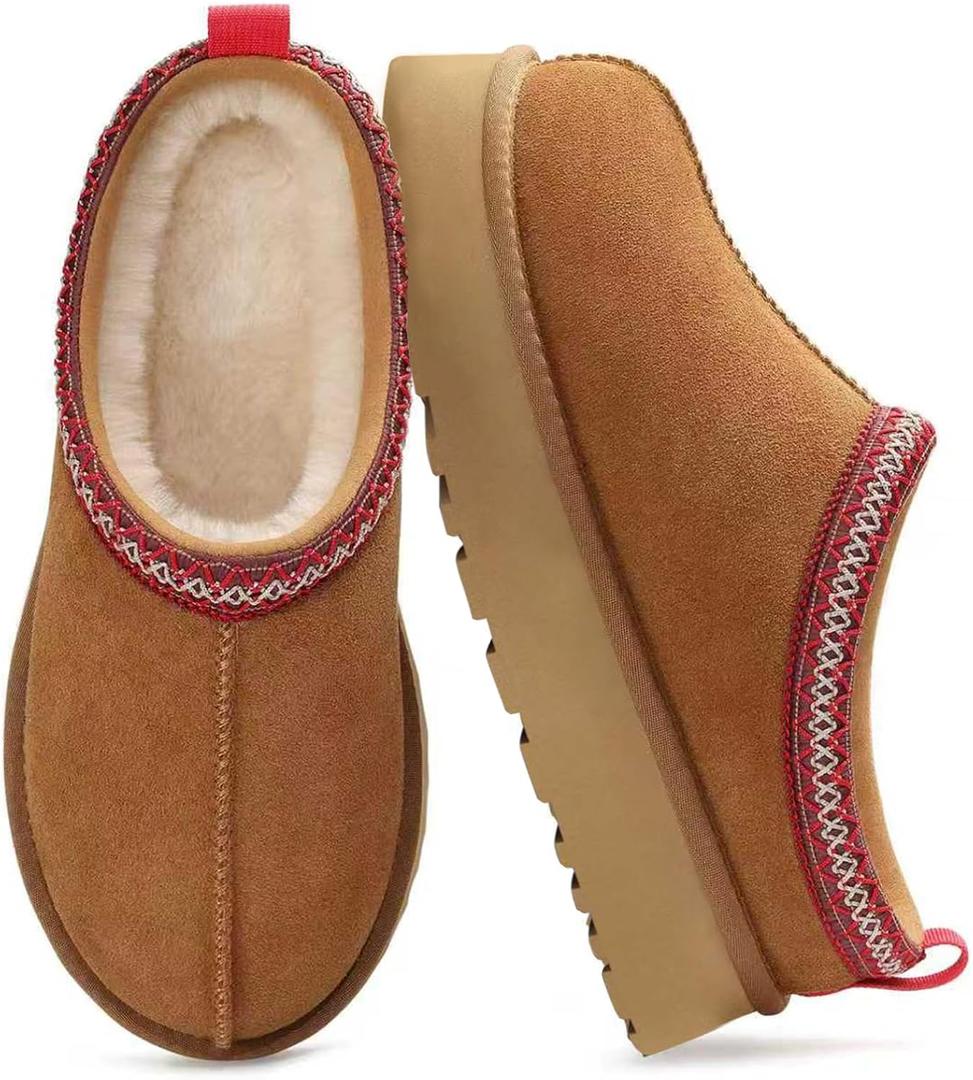 HOWILIM Genuine Suede Platform Slippers for Women Fuzzy Winter Warm Shoes Indoor Outdoor, Size 6