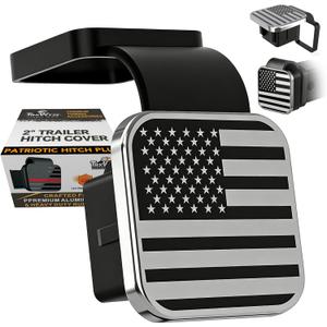 Aluminum American Flag Trailer Hitch Cover for 2 Receiver, CAR-WASH-Safe, Heavy-Duty Rubber Base, Rust-Proof Tow Hitch Covers, UV-Resistant Flag Hitch Cover (Chrome)