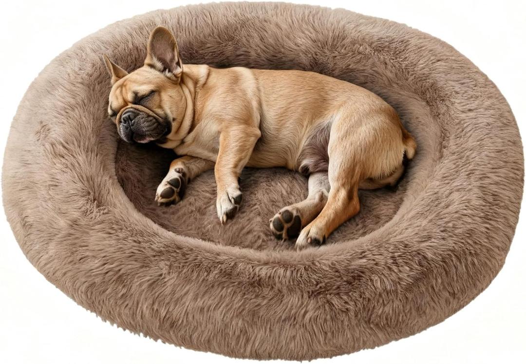 Medium Sized Orthopedic Dog Beds, Donut Calming Pet Beds with Comfort Foam Support, Fluffy Non-Slip Couch for Dog and Cat, with Washable and Indestructible Cover, 32 Inches, Beige