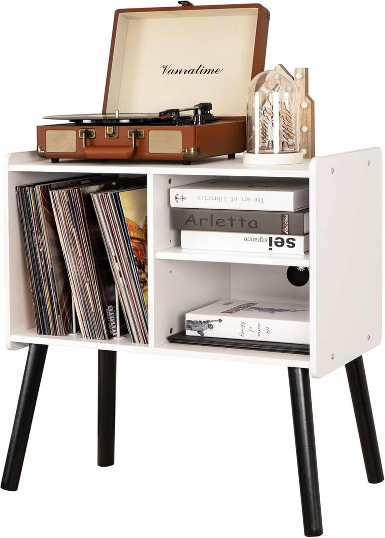 Record Player Stand, Mid-Century Record Player Table with Storage Hold Up to 150 Albums, Vinyl Record Cabinet with Adjustable Shelves, Wood Turntable Stand for Living Room Bedroom, (White)